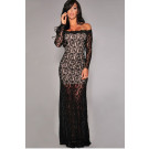 Formal Party Dresses Black Long Sleeve Lace Gown Nude Illusion Off-Shoulder 