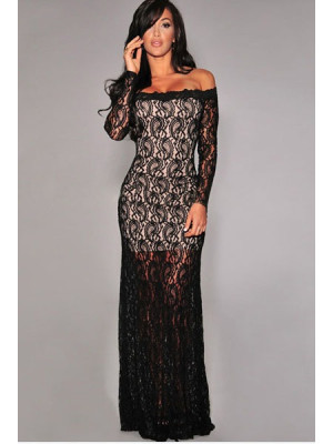 Formal Party Dresses Black Long Sleeve Lace Gown Nude Illusion Off-Shoulder 