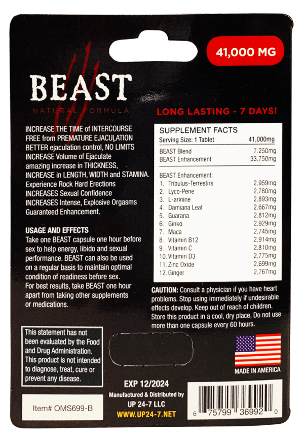 Beast 41000mg Natural Formula Male Enhancement Gold Pill Back