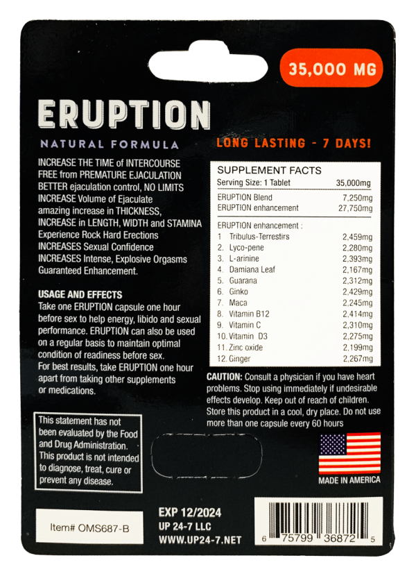 Eruption 35000 mg Natural Formula Male Sexual Enhancement Gold Pill Back