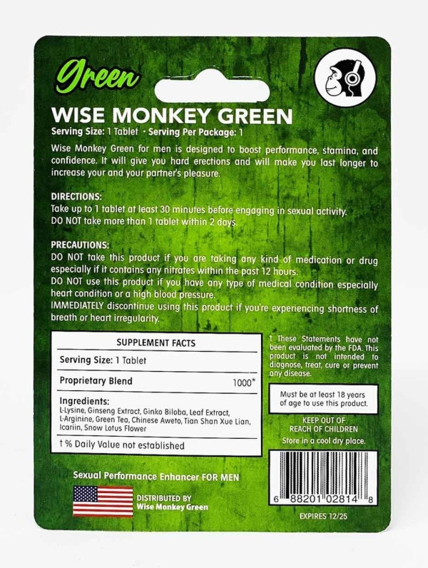 Male Enhancement Pill Wise Monkey Green Extra Strength back