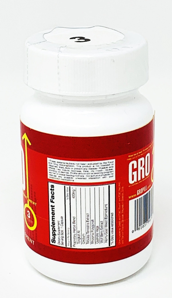 GRO Get Bigger All Natural Enhancement 3 Pill Bottle 