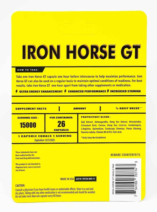 Male Enhancement Pill Iron Horse GT Energy Supplement back