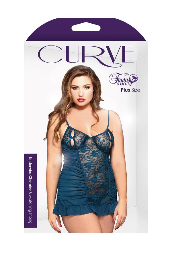 Underwire Split Cup Chemise Shirred Sides Matching Thong Curve P104