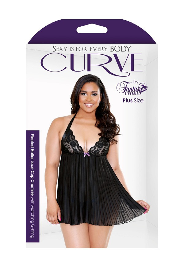 Pleated Halter Lace Cup Chemise Matching G-String Curve P169