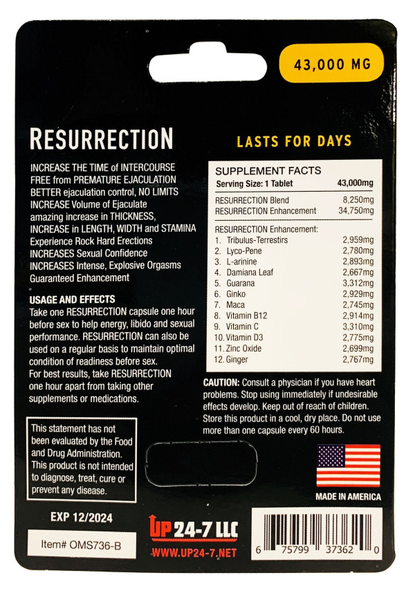 Resurrection 43000mg Male Sexual Performance Enhancer Gold Pill back