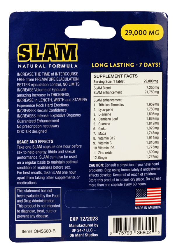 Slam 29000mg Natural Formula Male Enhancement Blue Pill Back