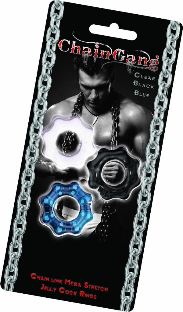 Chain Gang Erection Rings eaches. Individually wrapped cock rings in three assorted colors: Black Blue and Clear. Chain up your member in hard core style with these fun Chain link super stretch silicone love rings. Chain Link Mega Stretch Jelly Cock Rings