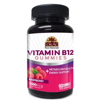 OKAY Vitamin B12 Gummies 60 Count Raspberry bottle