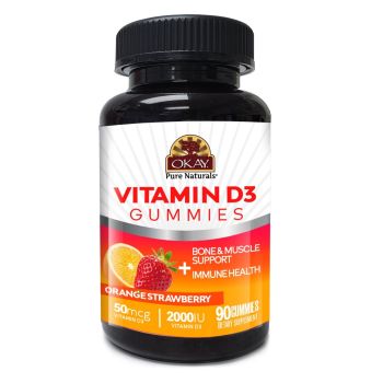 OKAY Vitamin D3 Gummies 90 Count Orange Strawberry Flavor