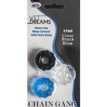 Chain Gang Erection Rings eaches. Individually wrapped cock rings in three assorted colors: Black Blue and Clear. Chain up your member in hard core style with these fun Chain link super stretch silicone love rings. Chain Link Mega Stretch Jelly Cock Rings