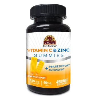 OKAY Vitamin C Zinc Gummies 45 Count Lemon Pop Flavor bottle