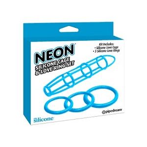 Neon Silicone Cage and Love Ring Set Blue Pipedream