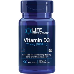 Bone Growth Vitamin D3 25 mcg 1000 IU 90 Softgels Life Extension bottle