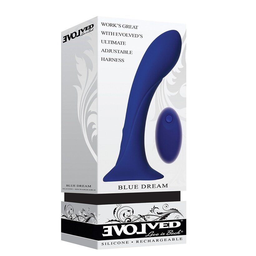 Blue Dream silicone rechargeable vibrator with remote control, shown against a white background