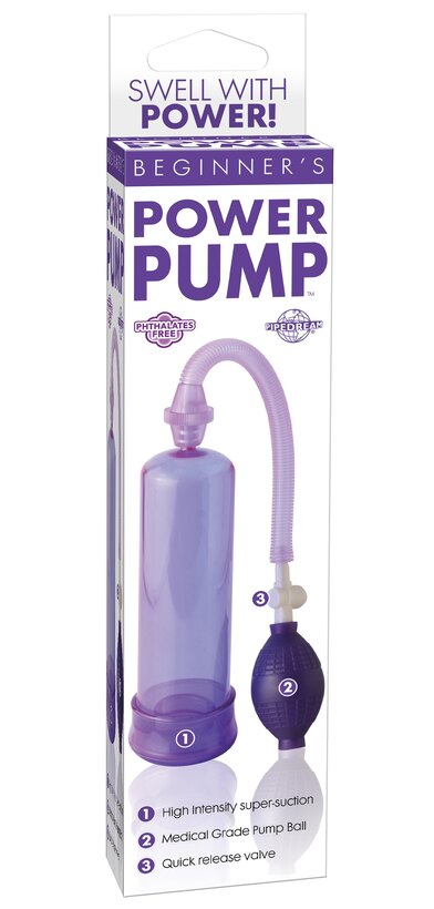 Beginner's Power Pump by Pipedream in purple, boxed, showing cylinder, hand bulb and quick-release valve