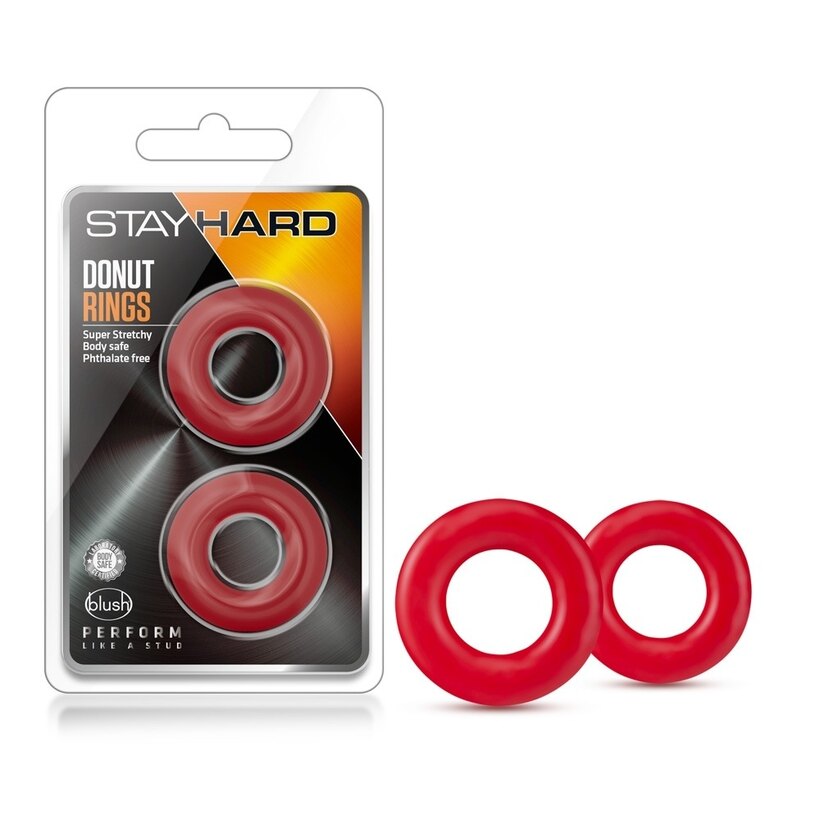 Blush Novelties Stay Hard Donut Rings, set of stretchy red elastomer cock rings