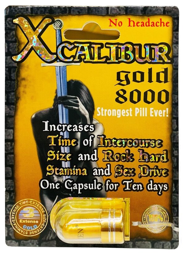Xcalibur Gold 8000 male enhancement blister pack front showing the 8000 marketing number