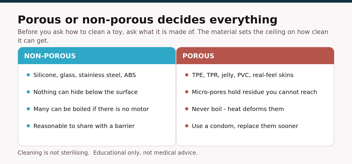 Comparison chart of porous versus non-porous sex toy materials showing which can be boiled, which need a condom, and how cleanable each is